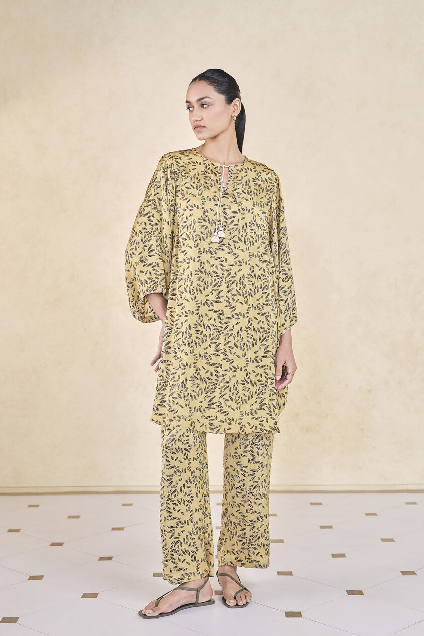 Leafbird Handcrafted Ajrakh Drawstring Co-ord - Yellow, Yellow, image 1